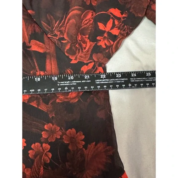 H&M Size 10 Floral Print Tiered‎ Mini Dress Long Sleeve Sheer Red Black Swing - Picture 11 of 11